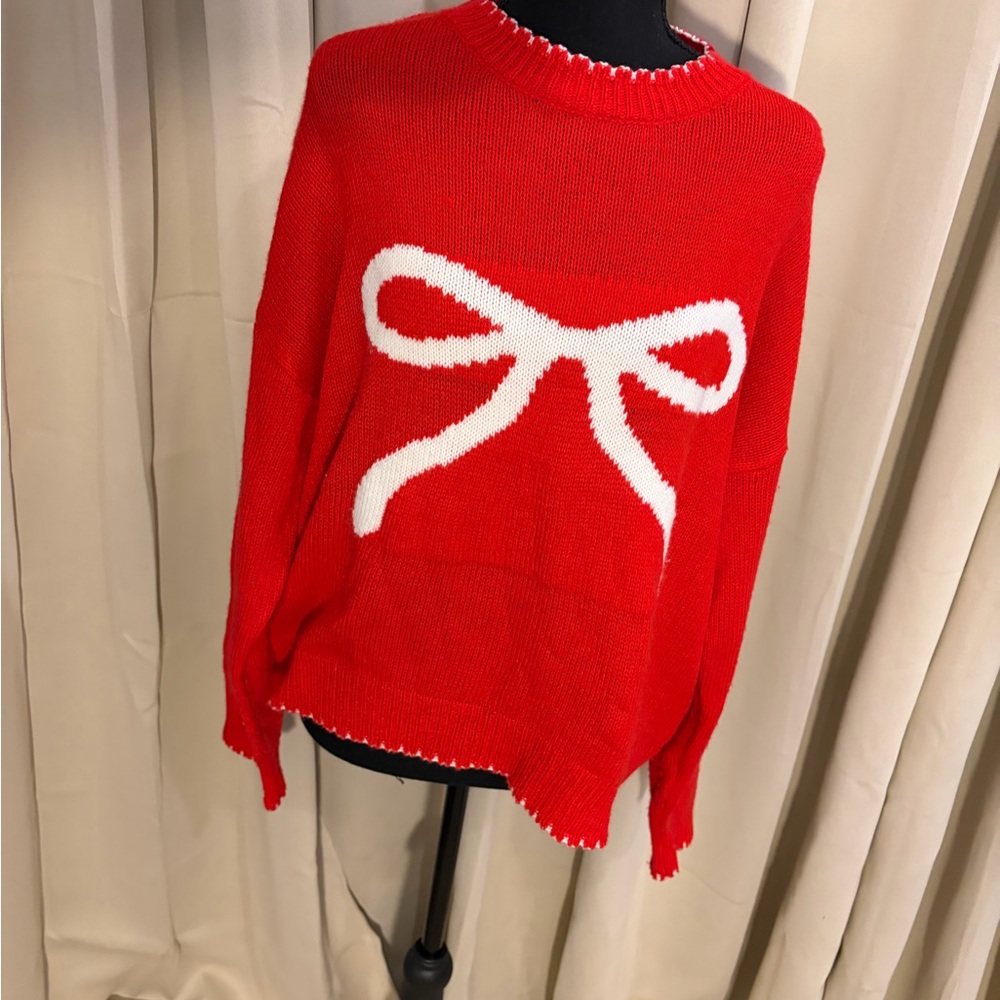 Red Crew Neck Sweater with White Bow